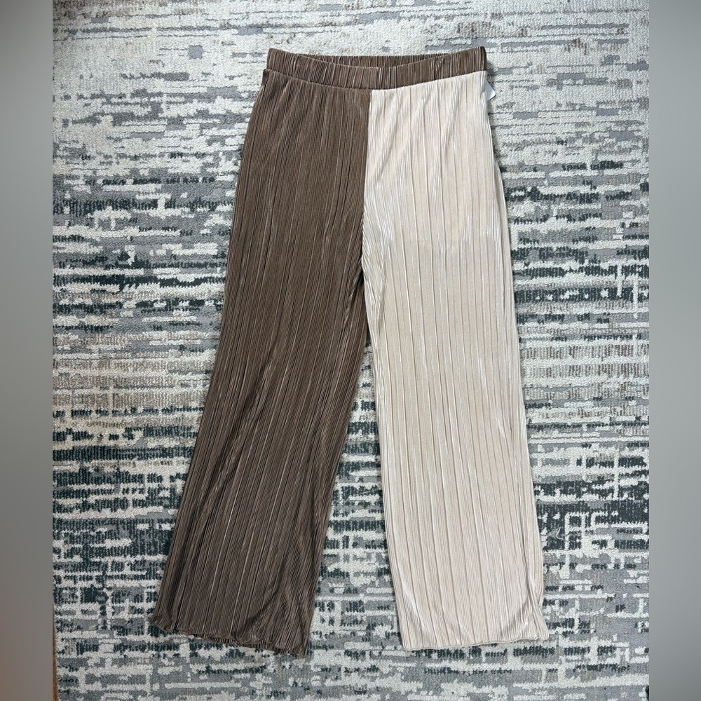 New Fashion Nova Brown & Light Beige Ribbed Highrise Flowy Pants Size XL - Picture 5 of 9